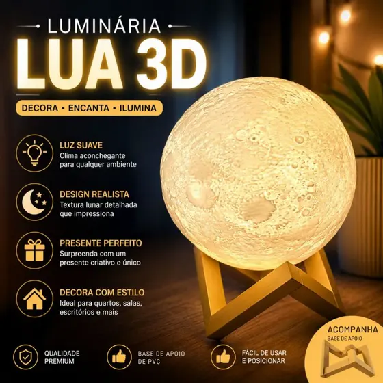 Luminária Mini Lua Cheia Decorativa LED Luz Noturna Criativa Para Quarto, Estudo Ambientes Decoração
