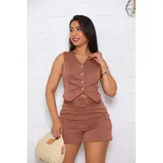 Conjunto Feminino Malha Neo Preme Verão Confortável Short + Blusa+Cinto  P/M/G/GG Moda Tendência