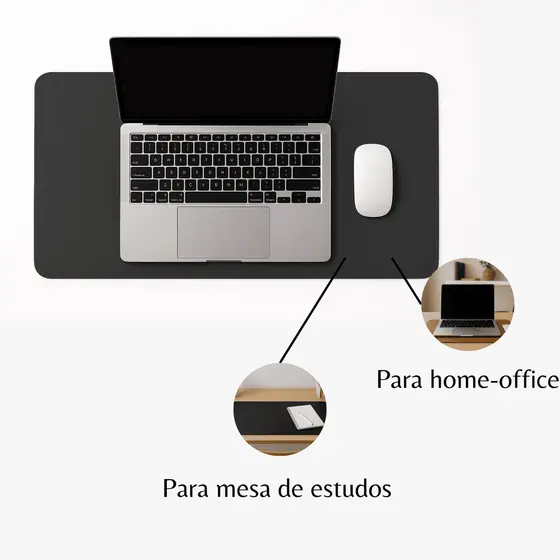 Desk Pad Grande Couro Preto Feltro Costurado Básico