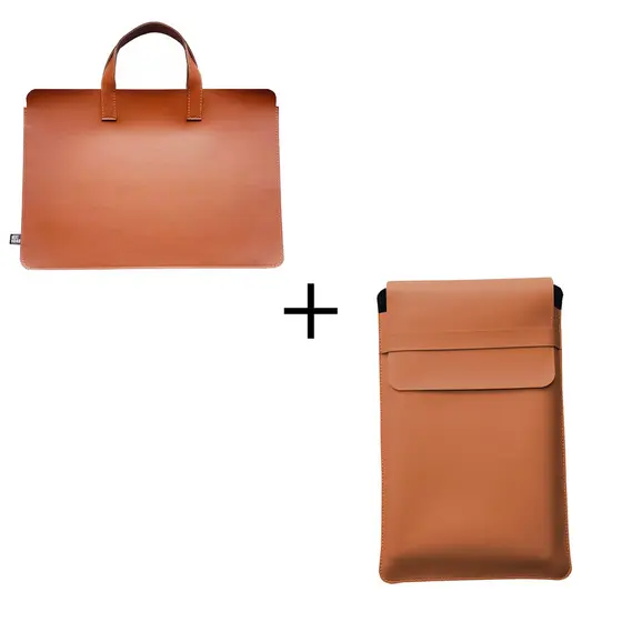 Sacola mais Pasta para Notebook em Couro Sintético Caramelo
