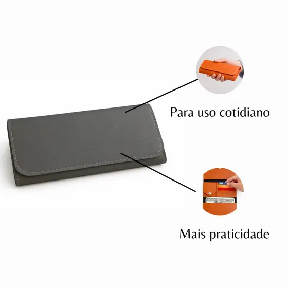 Carteira Feminina de Couro Sintético Cinza Porta Cartão