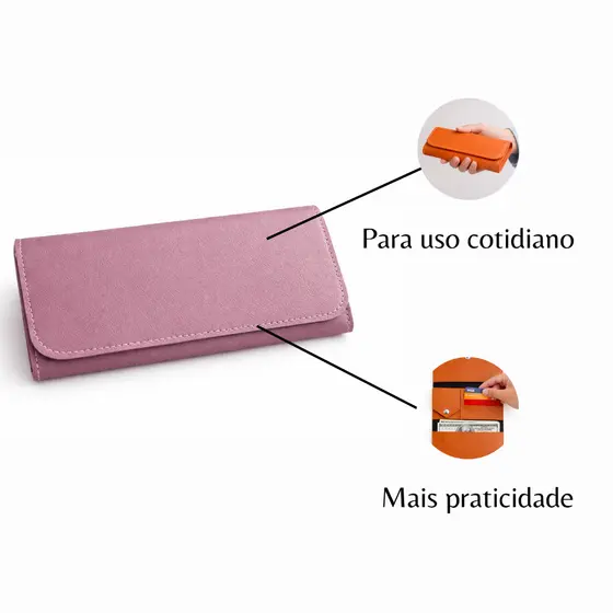 Carteira Feminina de Couro Sintético Rosa Claro Porta Cartão