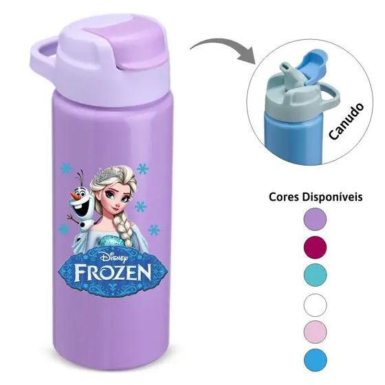 Garrafa água 600ml Frozen Bebidas Aluminio squeeze com Bico Canudo ideal para Hidratação