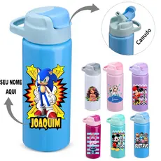 Garrafa Alumínio 600ml Com Canudo Personalizada COM SEU NOME Escola Criança Squeeze várias estampas