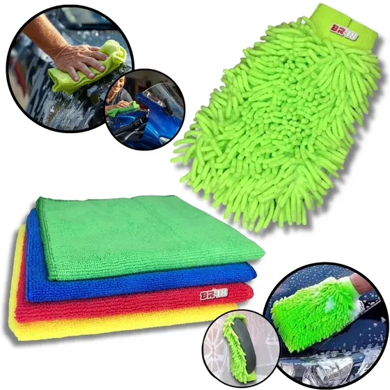 Kit Luva Esponja Microfibra + 4 Panos de Microfibra 35x35cm para Limpeza Carro Moto Multiuso Lavagem Não Risca