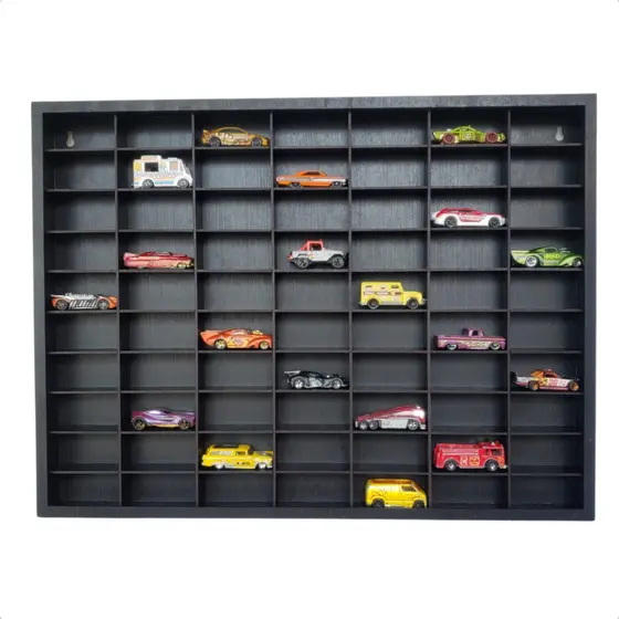 Estante Expositor Porta Carrinhos 70 Divisórias Preto 1:64 Coleção Hot Wheels Brinquedo MDF
