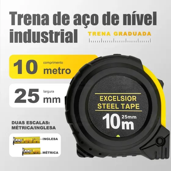 Trena de Aço 5 M e 10M x 25mm com Trava e Emborrachada e com Alça - Fita Métrica