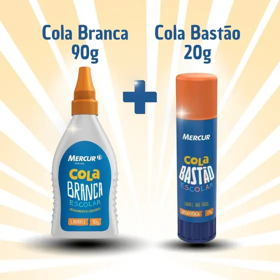 Cola Branca 90g + Cola Bastão 20g Mercur Kit Escolar