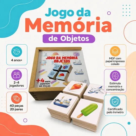 Jogo da Memória Objetos Brinquedo Educativo Infantil Pedagógico Alfabetização Madeira Menina Menino
