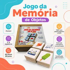 Jogo da Memória Objetos Brinquedo Educativo Infantil Pedagógico Alfabetização Madeira Menina Menino