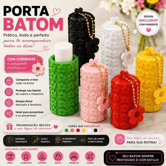 Porta Batom Floral Premium com Pingente | Acessório Feminino para Bolsa e Necessaire