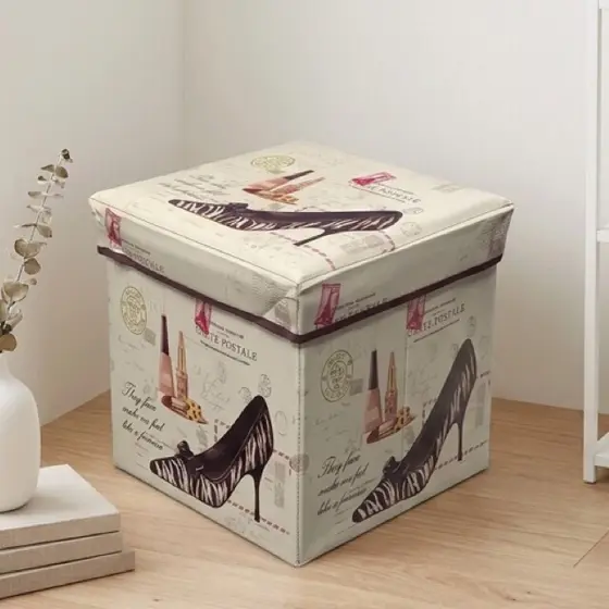 Puff com Assento e Baú Estampado Sapato Diferente Organizador Dobrável