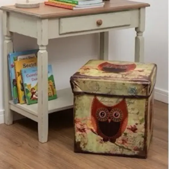 Puff Baú Decorativo Estampado Coruja Tamanho P – Organização e Dobrável