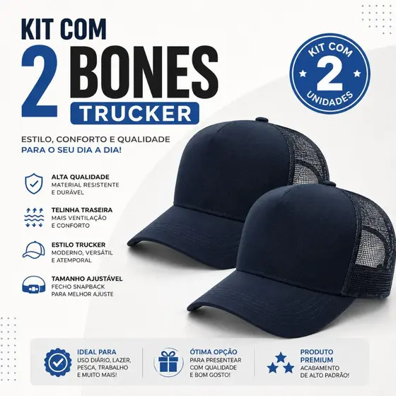 Kit 2 Bonés Trucker Tela Masculino Feminino Ajustável Aba Curva Liso Alta Qualidade