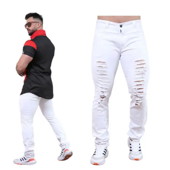 Calça Jeans Masculina Skinny Branca Rasgada Destroyed