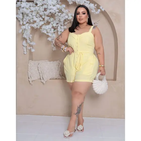 Macaquinho Short Curto Plus Size Feminino Moda Casual Manga Regata