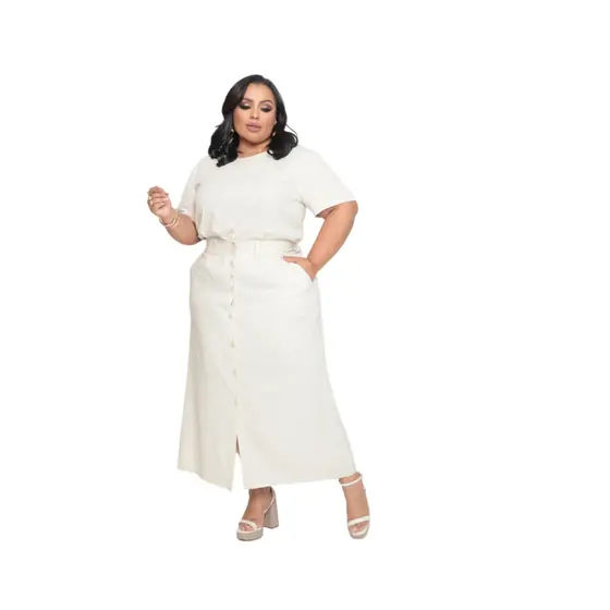 Conjunto Saia Longa e Blusa Manga Curta Plus Size Moda Evangélica Linho