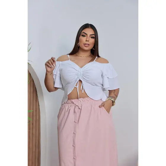 Blusa Cropped Plus Size - Manga Curta em camadas com Cordão para Ajustar o decote - Primavera Verão