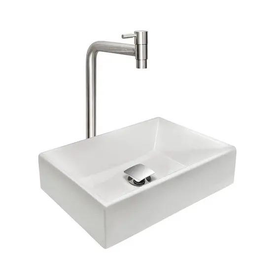 Kit Cuba Pia Sobrepor para Banheiro Torino com Torneira Inox e Válvula Click Quadrada