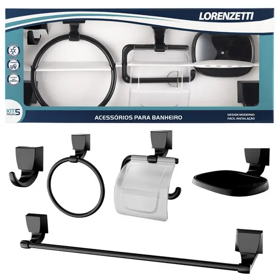 Acessórios Banheiro Kit 5 Peças Preto Saboneteira Papeleira Cabide Porta Toalha Lorenzetti Abs Preto