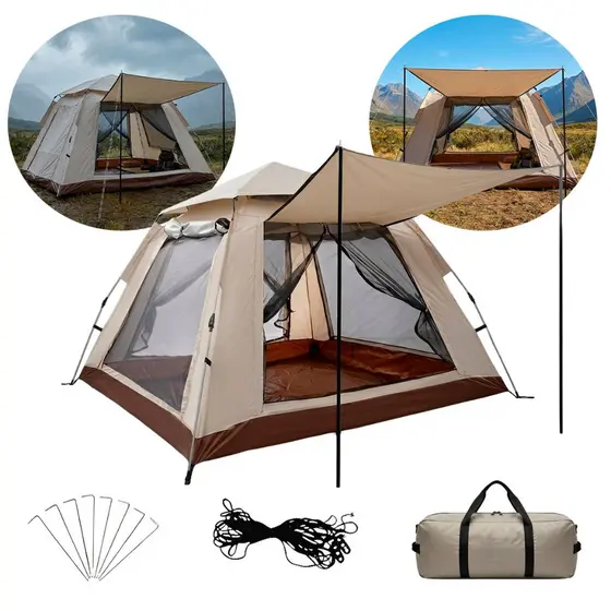Barraca Camping Automática 8 Pessoas BO680 Ornnament Praia Montagem Rápida 2,4x2,4x1,6 Metros Bege