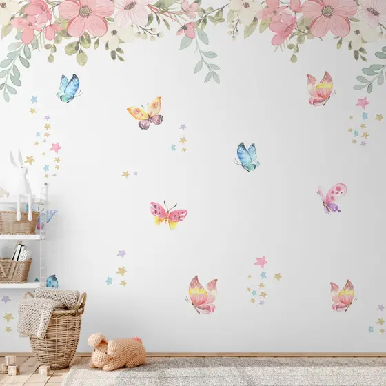 Papel De Parede Painel Floral Com Borboletas