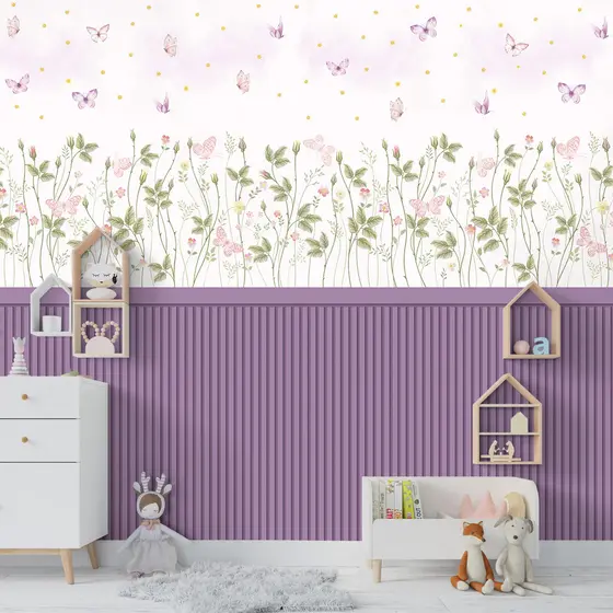 Papel De Parede Adesivo Ripado Floral Lilás Com Borboletas