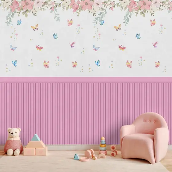 Papel De Parede Adesivo Ripado Floral Rosa Com Borboletas