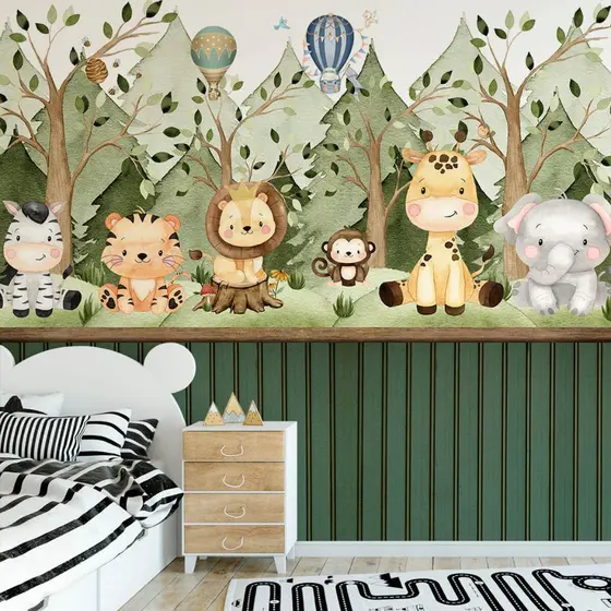 Papel De Parede Adesivo Infantil Safari Animais Na Floresta Com Ripado Verde
