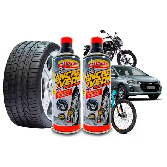 Spray Reparador Pneu Furado Intantâneo LuxCar 400ml - Kit 02 Peças