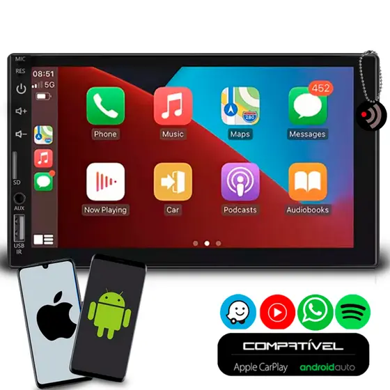 Multimídia 7 Polegadas Carplay AndroidAuto Com Espelhamento de Celular Bluetooth Apps Spotify Gps e Entrada Câmera De Ré