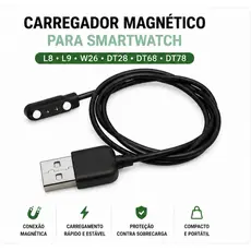 Cabo Carregador Magnético USB 2 Pinos 4mm para Smartwatch L8 L9 W26 DT28 DT68 DT78 LS05 RS4 LS16