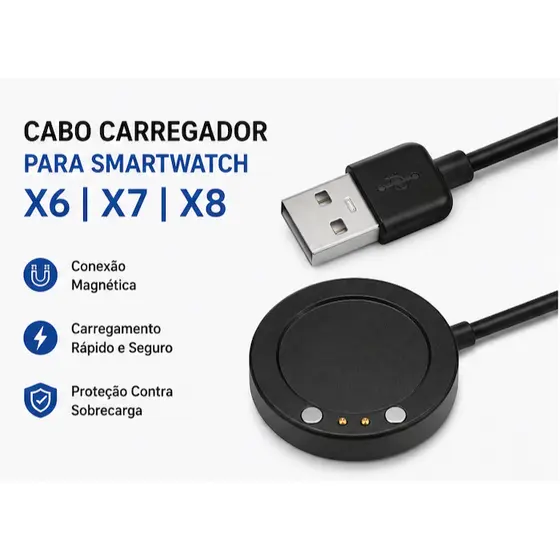 Cabo Carregador USB com Base Magnética para Smartwatch X6 X7 X8 X9A T55 T500 T900 W66