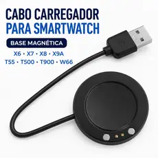 Cabo Carregador USB com Base Magnética para Smartwatch X6 X7 X8 X9A T55 T500 T900 W66
