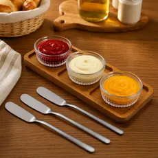 Kit Petisqueira de Bambu Tábua de Frios 3 Divisórias 3 Ramequins de Vidro 3 Espátulas de Inox