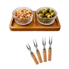 Kit Petisqueira de Bambu Tábua de Frios e Frutas Ramequim e Garfo de Petisco Mesa Posta