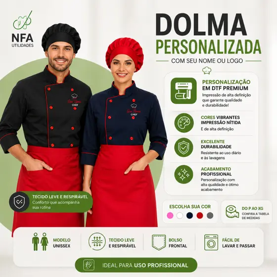 Kit dolma completo personalizada DTF com saia e touca logo nome logomarca
