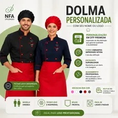 Kit dolma completo personalizada DTF com saia e touca logo nome logomarca