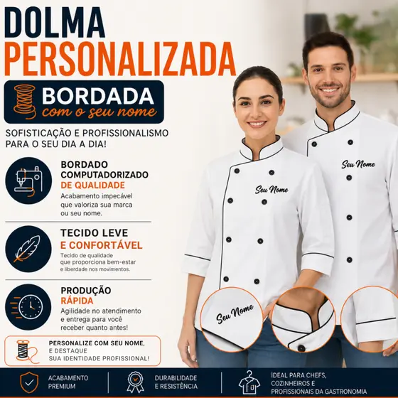 Dolma de chef personalizada bordada nome cores cozinha cheff