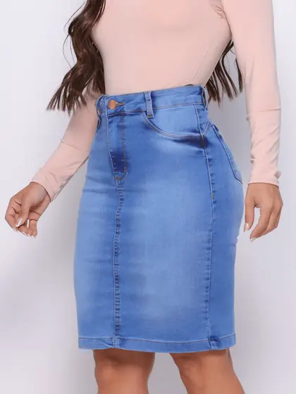 Saia Midi Jeans Evangélica com Cós Alto e Elastano | Moda Feminina Confortável com Lycra