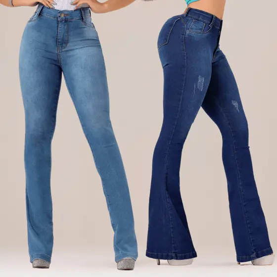 Kit 2 Calça Flare Jeans Feminina Cos Alto Com Elastano Cintura Alta Calça Jeans Feminina Couwtry