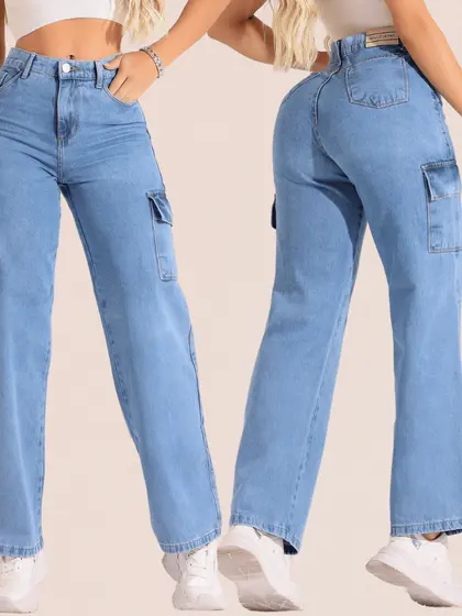 Calça Feminina Cargo Wind leg Cintura Alta Pantalona Calça Jeans Feminina Cos Alto