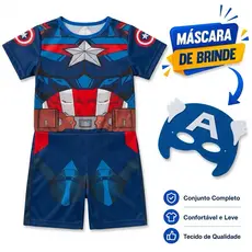 Fantasia Infantil Capitão América Super Herói Roupa com Máscara Personagem Vingadores Menino