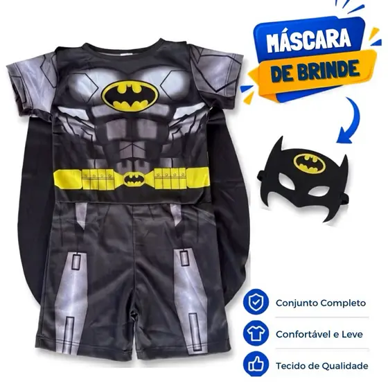 Fantasia Infantil Batman Super Herói com Capa e Máscara Roupa Personagem Menino