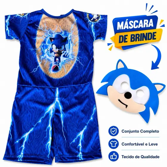 Fantasia Sonic Infantil com Máscara Azul Roupa Completa Personagem Menino