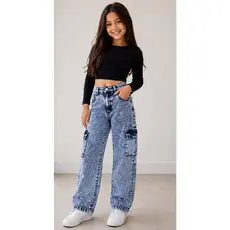 Calça Wid Leg Cargo Infantil Juvenil Jeans feminina Grafite tendencia Larga Bolso Lateral Sem lycra