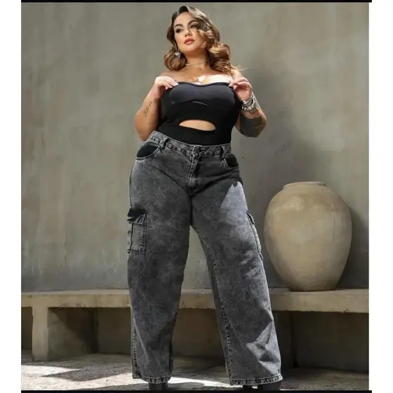 Calça Jeans Plus Size Feminina Wide Leg Cargo Premium Sem Lycra