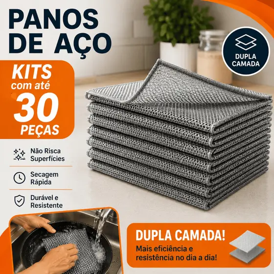 Kit 30 Panos de Limpeza de Aço Premium Dupla Camada Pano de Lavar Prato Panela Fogão Tira Gordura