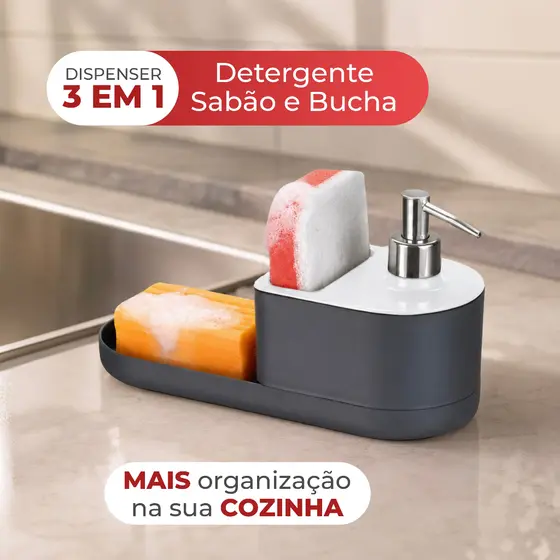 Dispenser Porta Detergente Bucha Esponja E Sabão Em Barra Pedra Para Pia E Bancada com Dosador Arthi