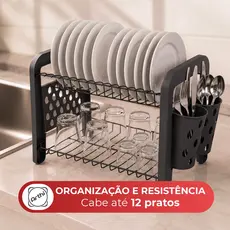 Escorredor De Louça 12 Pratos Duplo Desmontável Preto Escorredor de Pratos Porta Talheres Pia Arthi
